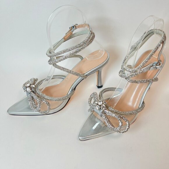 Silver Rhinestone Pointed Toe  Heels High Strappy  Bow Sandals Women Size 5.5 - Picture 4 of 9
